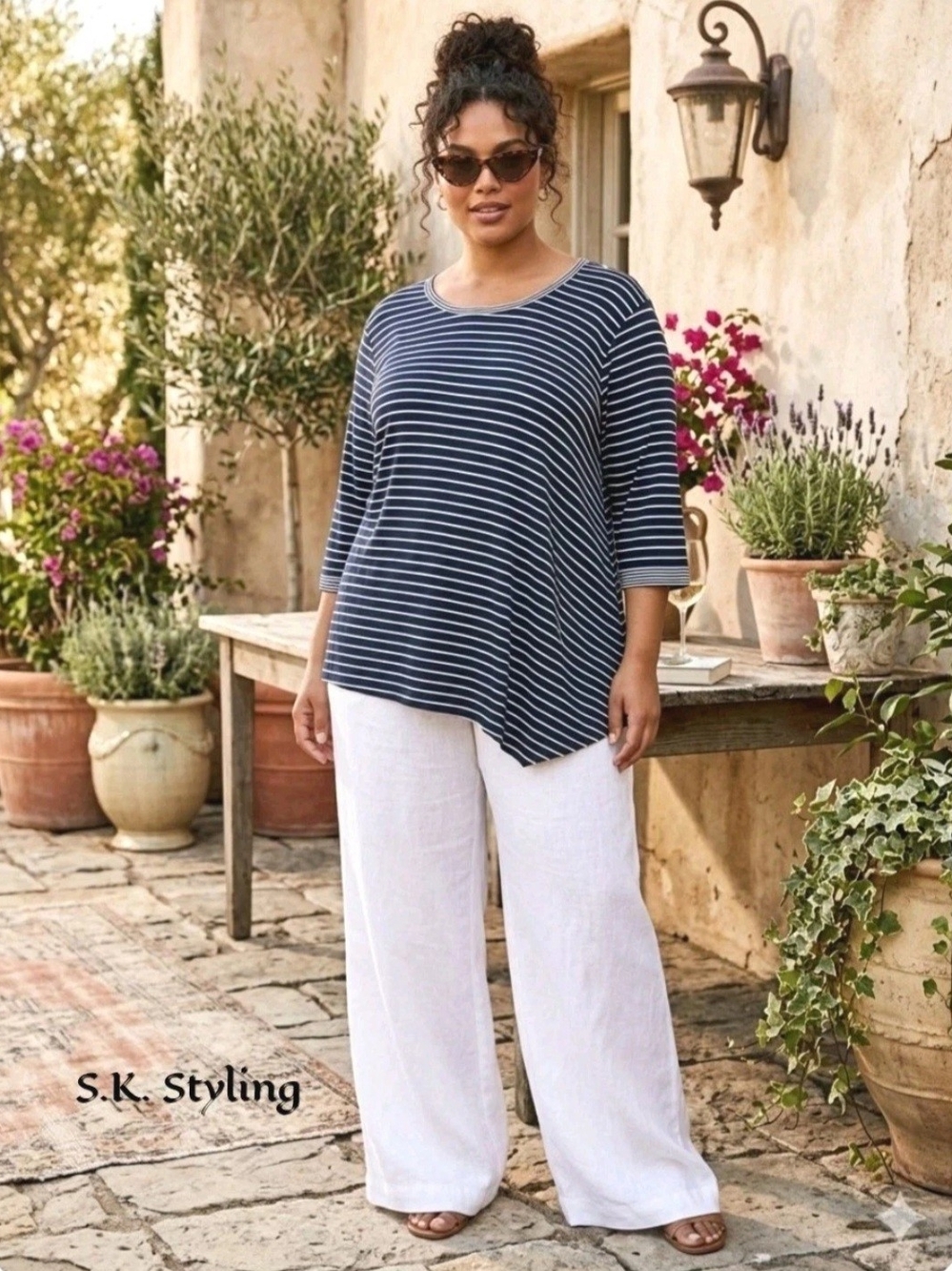 Vince Camuto Navy & White Asymmetric Striped Knit Tunic Top 3/4 Sleeve size 3X